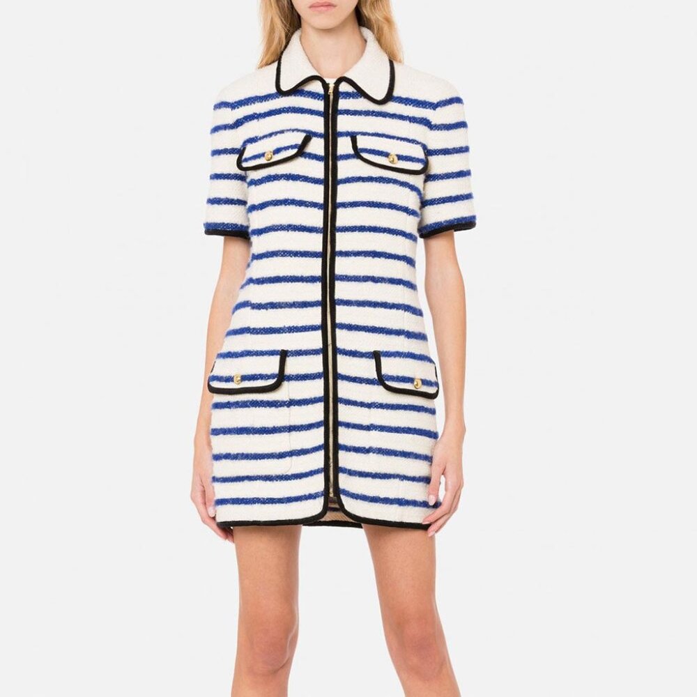 PHILOSOPHY DI LORENZO SERAFINI Striped Bouclé Mini Dress Size Small - Navy & Cre